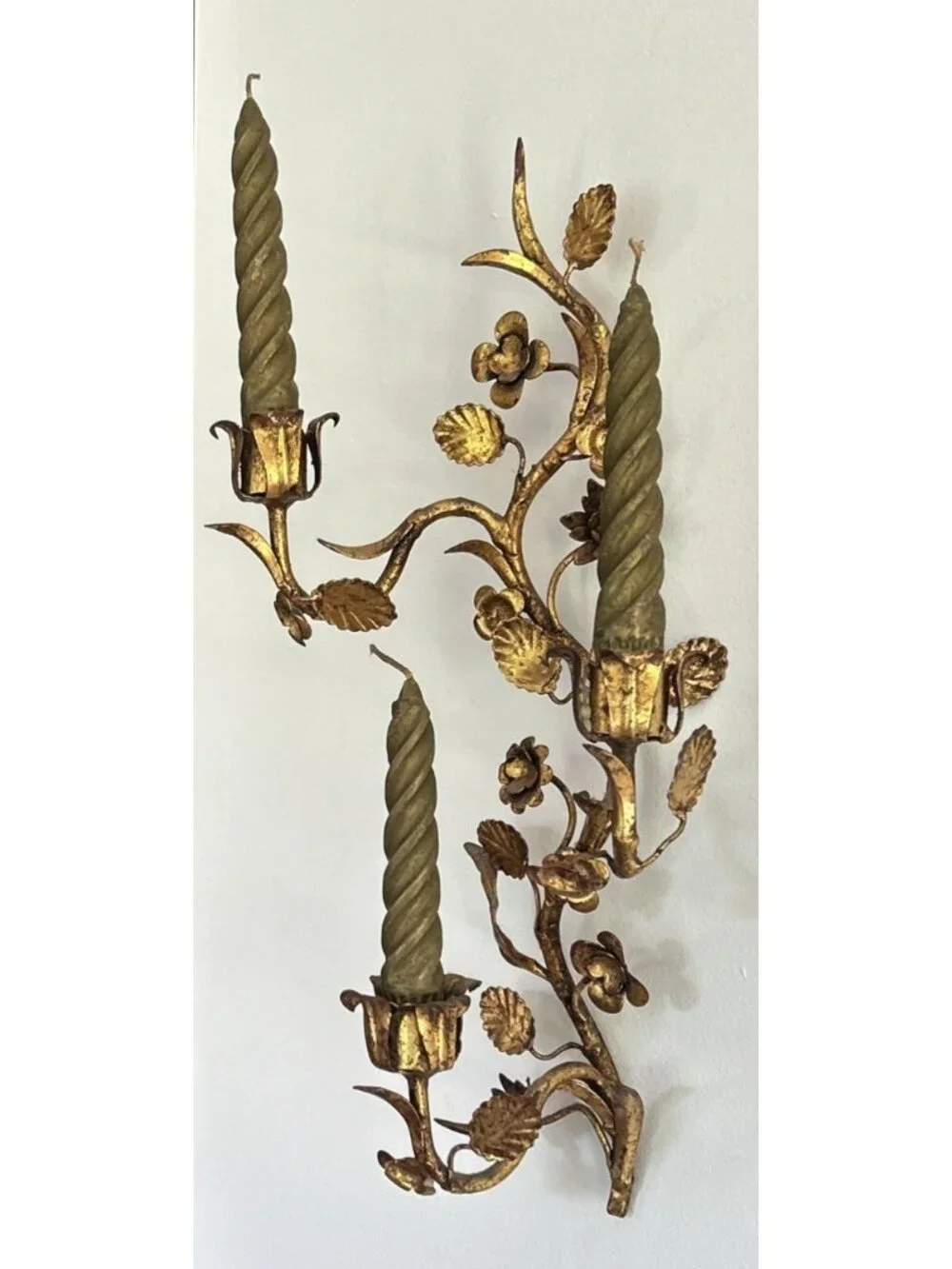 Vintage Tole Florentine Italy Gilt Triple Arm Wall Candle Holder Sconce MCM